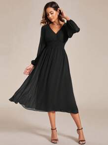 Elegant Shirred Long Sleeve Cinched Waist Chiffon Black Bridesmaid Dresses Wedding Guest Gown - Black - View 1