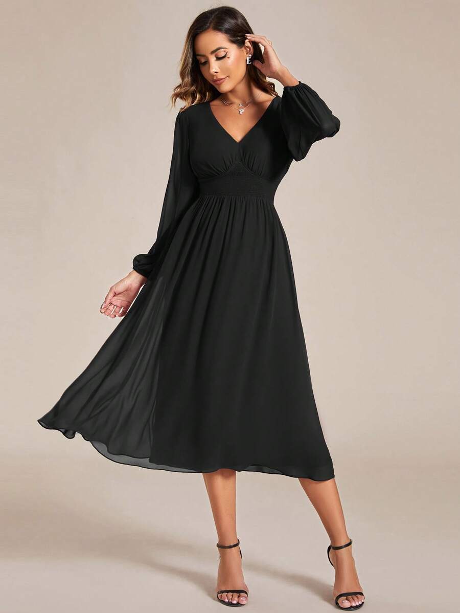 Elegant Shirred Long Sleeve Cinched Waist Chiffon Black Bridesmaid Dresses Wedding Guest Gown - Black - View 1