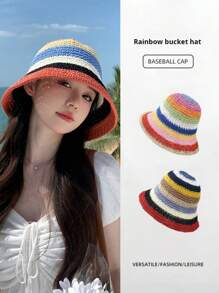 1pc Gestreepte Regenboog Bohemian Geweven Zonnehoed, Ademende UV-bescherming, Geschikt voor Buiten/Reizen/Strand, Modieus Accessoire & Geschenk, Ideaal voor Dagelijks Gebruik, Zomer