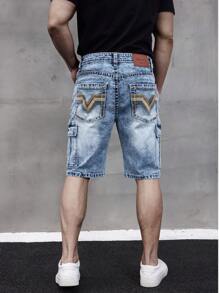 ESDVQ Men's Multi-Pocket Denim Shorts, Elastic Embroidered Cargo Bermuda Shorts Jorts