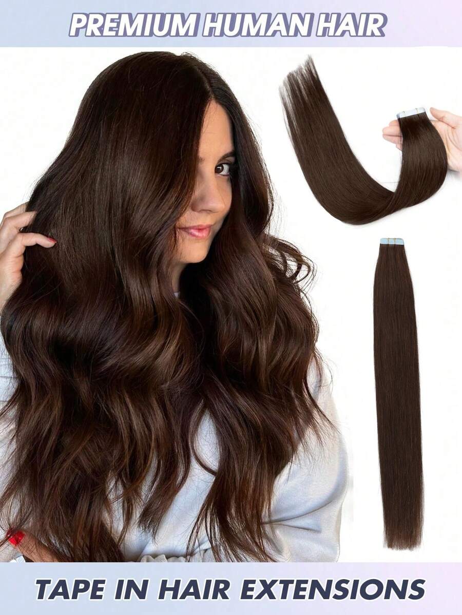 20pcs Tape-In Hair Extensions, Human Hair, #2 Dark Brown, 14-22 Inches, 100% Human Hair, Invisible Tape-In Hair Extensions