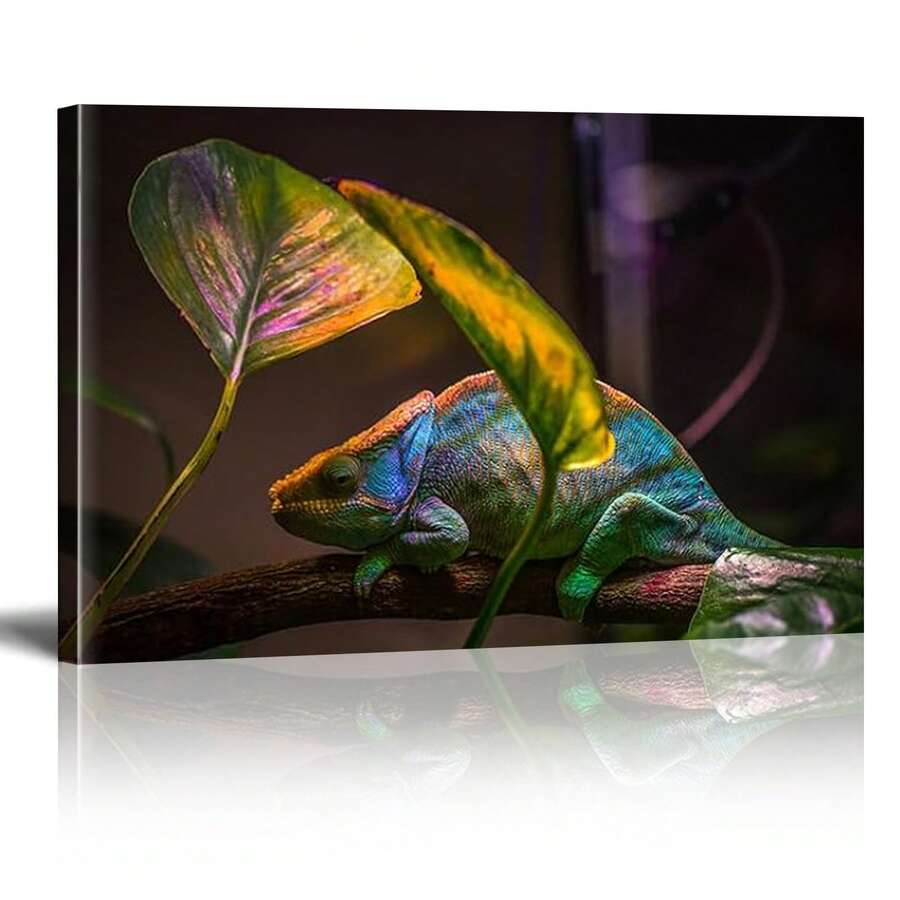 1pcs Framed Reptile Chameleon Poster Canvas Print Painting Wall Art Suitable For Living Room Bathroom Bedroom Hotel Apartment Home Kitchen Restaurant Corridor Pet Shop Studio Children's Room Home Office Decoration Ready To Hang