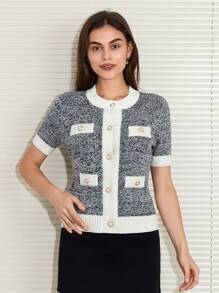 Women's Summer Knit Tops Contrast Color Pearl Button Short Sleeve Round Neck Sweater Cardigans - Black - View 6