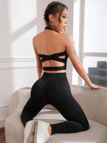 Sujetador con espalda cruzada y aumento de pecho para mujer - Sujetador de cuello halter, adecuado para uso diario, yoga, ropa exterior