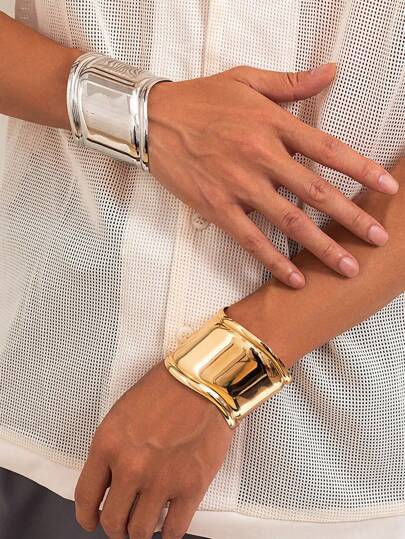 不锈钢简约百搭几何金属手镯，时尚个性化男士宽袖口