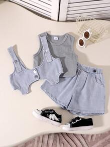 3pcs/Set Young Girl' Fashion Sleeveless Camisole, Detachable Denim Suspender, Shorts Summer Set - Grey - View 1