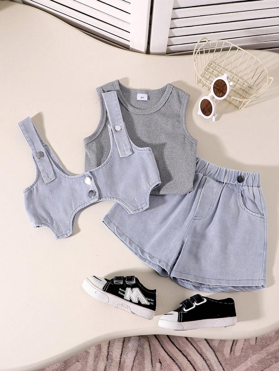 3pcs/Set Young Girl' Fashion Sleeveless Camisole, Detachable Denim Suspender, Shorts Summer Set - Grey - View 1