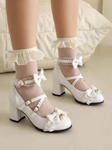 Zapatos de taco alto estilo lolita japonesa original, zapatos de fiesta de té con tacón grueso y moño adorables para estudiantes mujeres, zapatos lolita de doncella suaves, zapatos lolita de princesa de talla grande para mujeres - Blanco - Ver 5