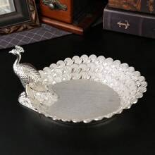 1pc Elegant European-Style Gold Peacock Feather Pattern Metal Serving Tray - Luxury Fruit, Salad And Dessert Service Tray, Ideal For Home, Kitchen And Dining Room Use