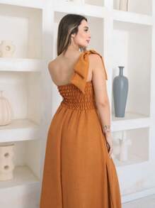Victoria Long Luxury Dress Plain Duna Linen With Bow One Shoulder - Camel - View 4
