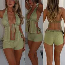 Women Summer Knitted 2 Piece Sets Casual Shorts Outfits Halter Neck Sleeveless Front Open Top And Shorts Set Vacation Beachwear - 綠色 - 查看 3