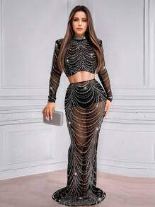 时尚优雅女士纯色网眼闪亮水钻长袖上衣和裙子两件套服装生日派对节日万圣节 - 黑色 - 查看 8