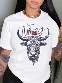 Bull Pattern Casual Versatile Simple Solid Color Round Neck Short Sleeve T-Shirt - White - View 2