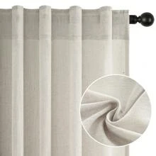 Topfinel 4 Panels Natural Linen Blended Curtains Rod Pocket Back Tab Clip Rings Curtain Semi Transparent Privacy Rural Bohemian Farmhouse Curtains For Living Room Bedroom Home Decoration - Màu be - Xem 4