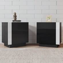 Set Of 2 End Tables With Storage, Modern High Gloss Entertainment Side Tables With 2 Cabinet Doors, Practical Storage Solution For Living Room, Bedroom And Office, Black - màu đen - Xem 5