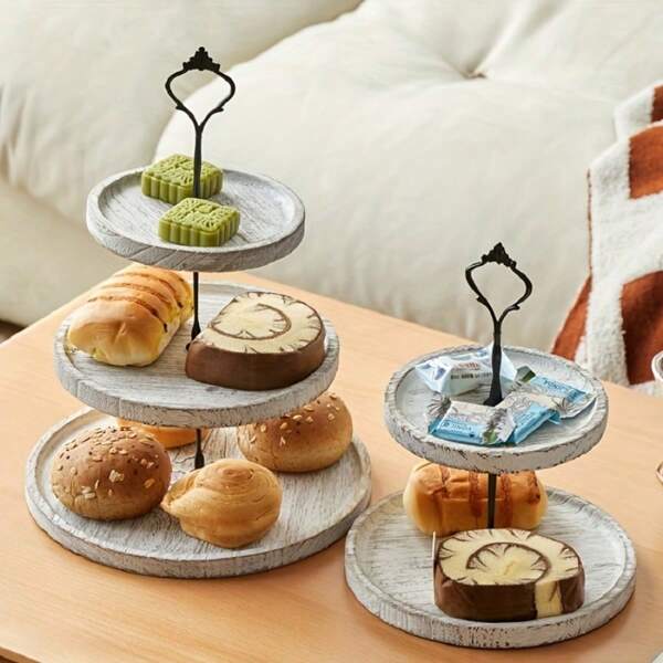 1 pieza Soporte de pastel de madera con asa de metal - Bandeja de servir multinivel para postres, pasteles y frutas - Fácil montaje y desmontaje, sin necesidad de electricidad