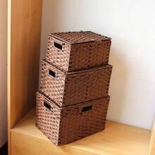 1 件装藤条编织桌面收纳篮，适用于杂物、零食、玩具、家居收纳、大容量汽车收纳篮 - 彩色 - 查看 2