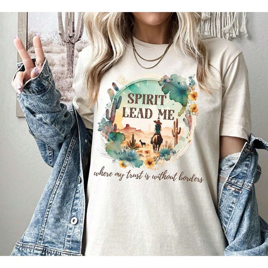 100% Cotton Spirit Lead Me Shirt, Christian T-Shirt, Christian Gift, Christian Cowgirl Tee, Christian Cowgirl Gift, Western T Shirt, Faith T Shirt, Unisex Graphic Versatile Stretched Slightly Stylish Casual Comfortable Print Round Neck Short Sleeve Soft Homme For Women Streetwear Top For Everyday Wear Fashion - 白色 - 查看 1