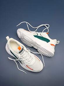 Men's Letter Print Color Block Lace Up Sneakers, Platform Shoes, School Shoes, Students Casual Sports Shoes, Road Running Shoes - 白色 - 查看 6