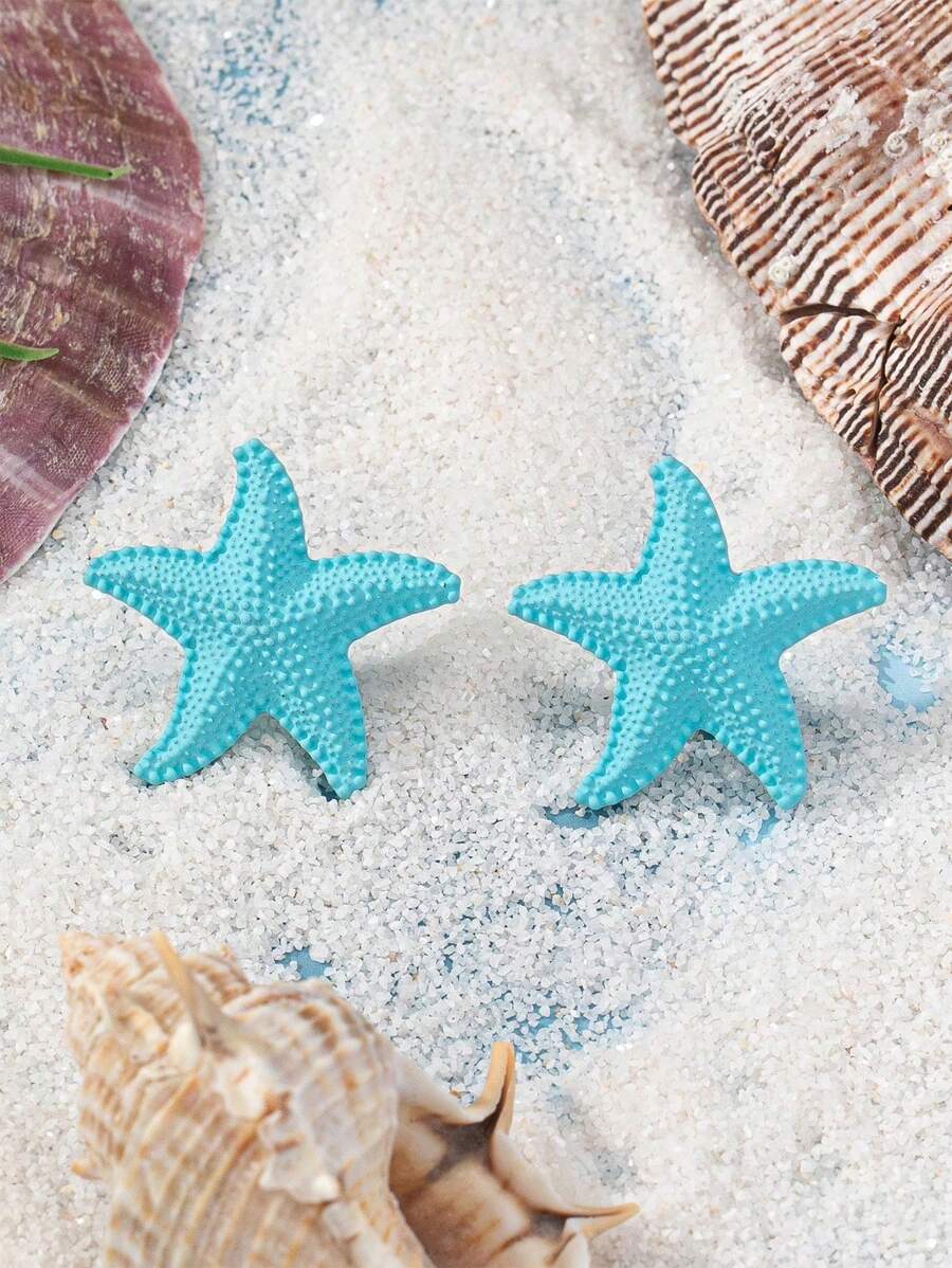 1 Cặp bông tai kim loại hình sao biển, bông tai đơn giản theo chủ đề đại dương - Màu xanh lam - Xem 1