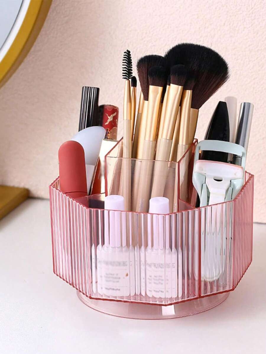 Rotating Storage Tube, 1 Cosmetics Display Box, 360 ° Rotating Makeup Brush Holder, Transparent Cosmetics Lip Gloss Storage Box, With 5 Slots Circular Turntable Storage Tray, Suitable For Dressing Table, Bathroom Counter Storage, Clear Storage