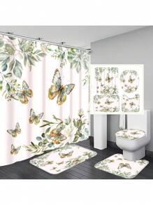 1pc/4pcs Floral Plant & Butterfly Functional Bathroom Decor Set, Includes Waterproof Shower Curtain With 12 Hooks, Anti-Slip Mat, U-Shaped Toilet Mat And Round Toilet Lid Cover, Suitable For All Bathroom Scenes