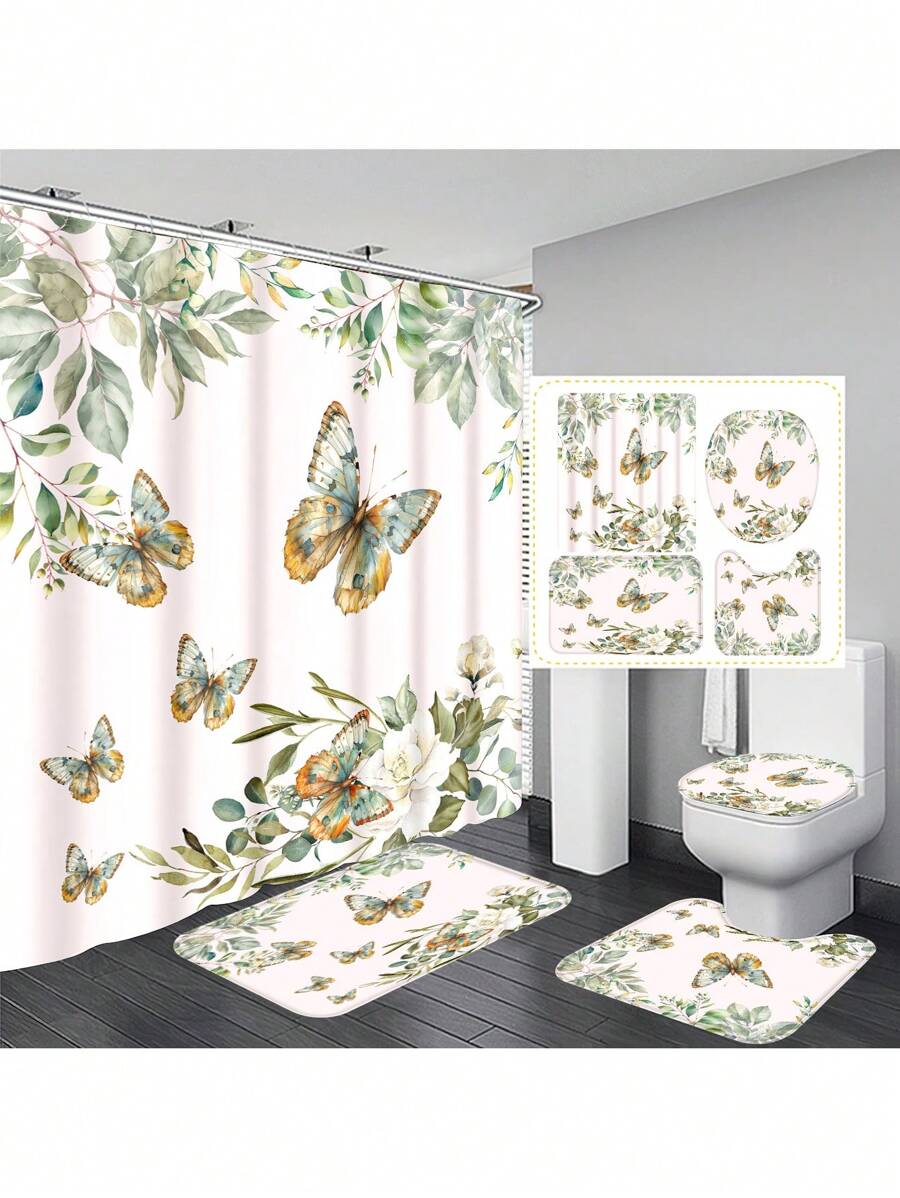 1pc/4pcs Floral Plant & Butterfly Functional Bathroom Decor Set, Includes Waterproof Shower Curtain With 12 Hooks, Anti-Slip Mat, U-Shaped Toilet Mat And Round Toilet Lid Cover, Suitable For All Bathroom Scenes