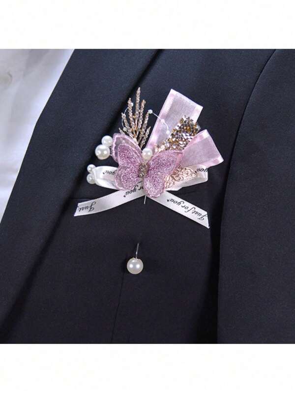 1 pieza Suministros de boda Flor de pecho Broche de mariposa para novia y novio, Regalo de Halloween, Regalo de Navidad, Broche de lazo de seda, Regalos, Decoraciones de cumpleaños, Decoraciones de fiesta, Despedida de soltera