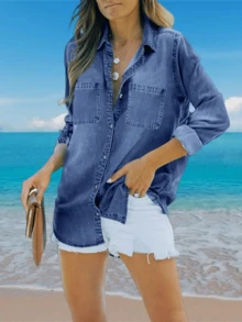 Tankaneo Women's Button-Down Denim Shirt Casual Long Sleeve Chambray Shacket With Collar And Pockets Boyfriend Jean Jacket Style Christmas Gift & New Year Gift - 藍色 - 查看 2