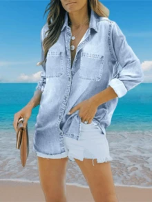 Tankaneo Women's Button-Down Denim Shirt Casual Long Sleeve Chambray Shacket With Collar And Pockets Boyfriend Jean Jacket Style Christmas Gift & New Year Gift - 淺藍色 - 查看 2