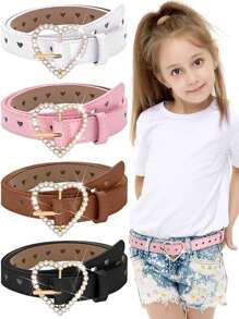 Kids' Leather Belt, Girls' Faux Crystal Heart Shape Metal Buckle Belt - one-size - View 1