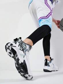 2025 Spring New Lightweight Thick Sole Plus Size Women Basketball Shoes, Outdoor Casual Sports Shoes, Durable Running Shoes, Soft & Comfortable Hiking Shoes, Shock Absorbing & Rebound, Casual Shoes With Random Asymmetric Patterns - Black and White - View 12