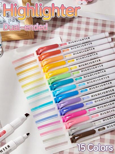 15 PCS/Set Of Double-Ended Highlighter, Cute Colors, School Supplies, Office Supplies, Accent Markers, Bible, DIY Drawing Markers, Markers