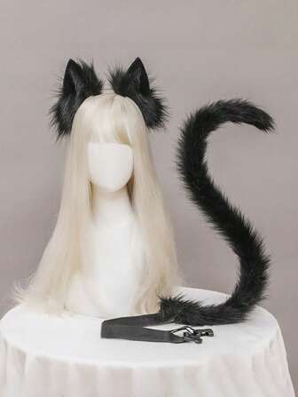 1pc Halloween Sexy Cat Ears & Tail Headband Accessory Set, Handmade Cute Cat Ears Headband And Tail Costume For Cosplay, Party Halloween Accessories