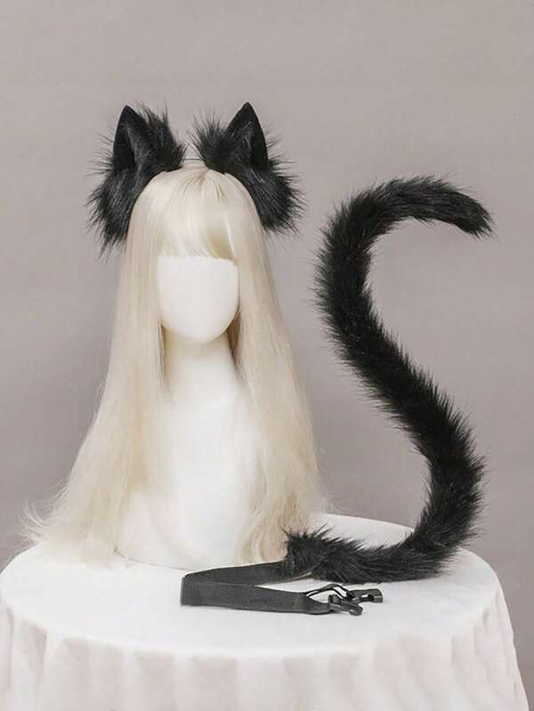 1 pieza Juego de accesorio de diadema con orejas y cola de gato sexy para Halloween, diadema hecha a mano con orejas de gato lindas y traje de cola para cosplay, fiesta