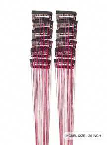 12 件发饰金属丝夹 20 英寸时尚闪光金属丝合成直发接发夹发饰金属丝套装耐热闪亮仙女发饰女士（银色） - 玫紅色 - 查看 2