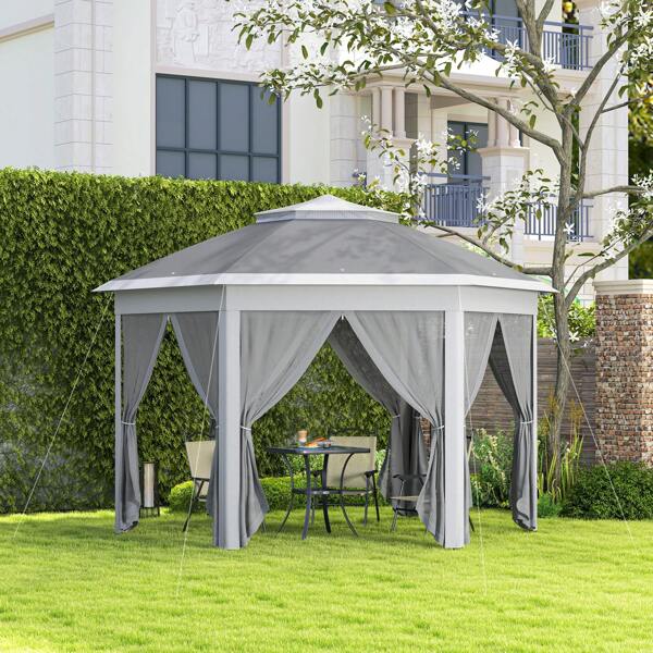 Outsunny 3 X 4m Garden Gazebo Hexagon Pop Up Party Tent Canopy Double Roof Instant Shelter With Netting And Carry Bag For Outdoor Patio, Dark Grey