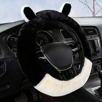1pc Fluffy Cartoon Car Steering Wheel Cover, Cute Winter Steering Wheel Protector