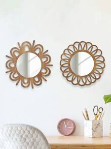 1/2pcs Charming Vintage Round Wall Decor Mirrors, Sunflower Shaped Wooden Framed Hanging Mirror For Living Room, Bedroom, Dining Room, Bathroom, Unique Decorative Mirror, Size 22.5cm/8.6inch, Special Birthday, Holiday, Graduation Gift