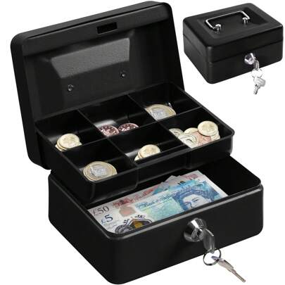 1 Pc Compact Metal Money Box With Combination Lock, 6-Inch Security Lock Box With Money Tray, Glossy Black Finish, Perfect For Retailers, Personal Use, Home Office, And Secure Storage, 15 X 12 X 9 Cm