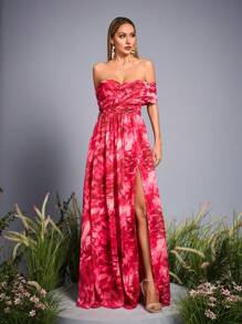 Mgiacy-Floral 新款法式露肩成熟伴娘礼服光环染色印花褶饰高开叉雪纺长裙 - 粉色 - 查看 3