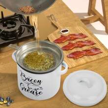46 OZ Bacon Grease Container With Strainer And Spatula, Stainless Steel  Strainer, Enamel Oil Container, PotFat Storage With Lid - 白色 - 查看 4