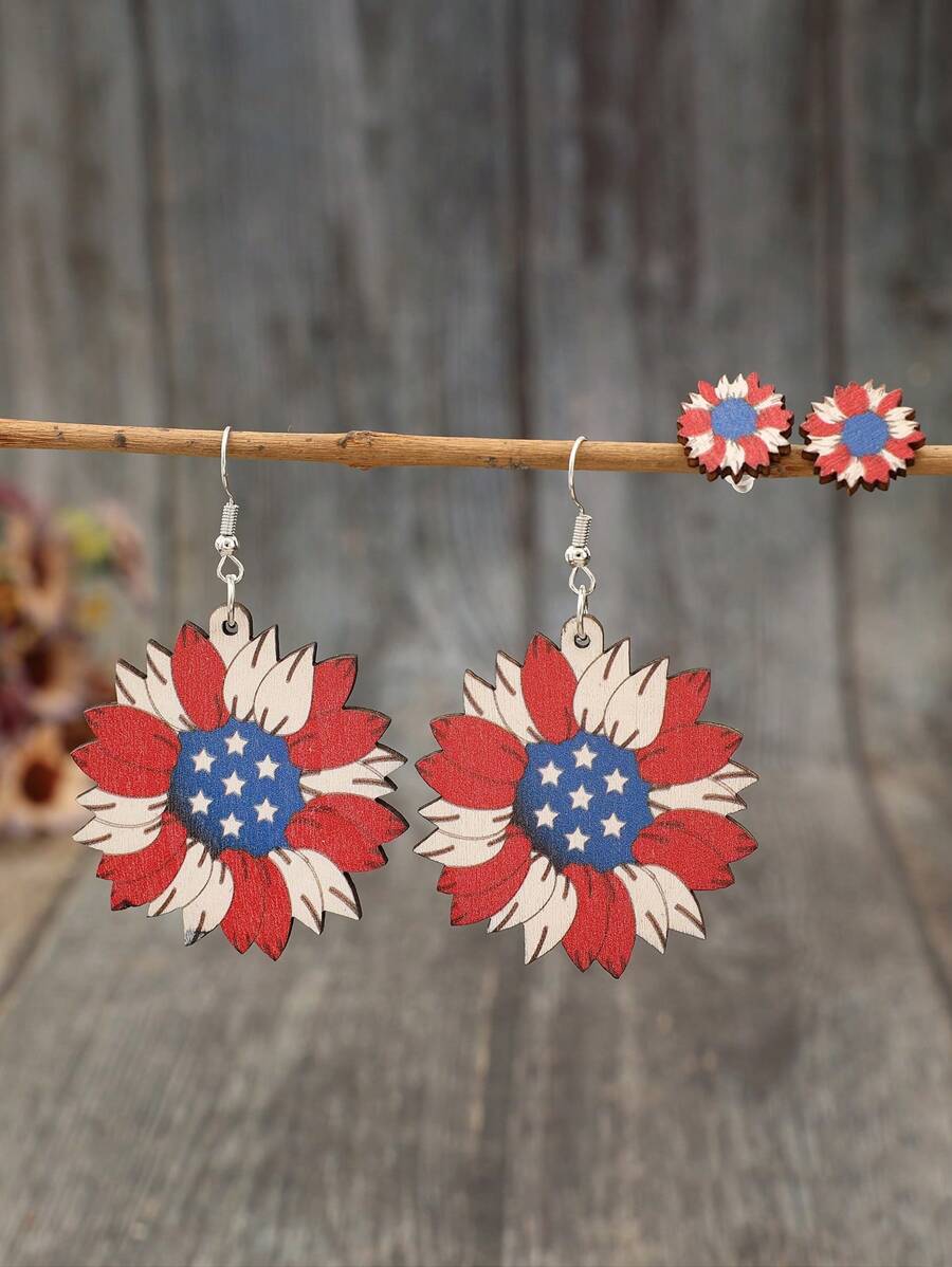 2 Pairs Vintage-Style American Independence Day Sunflower Print Blue & White Star Wood Stud Earrings