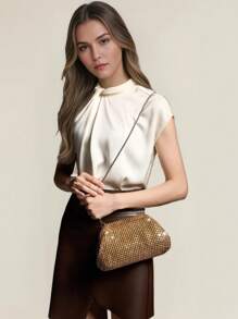 Designer Rhinestone Handmade Evening Clutch Bag, Chain Shoulder/Crossbody Cloud Bag - Gold - View 5