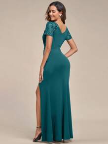 EVERPRETTY Elegant V-Neck Side Slit Twist Leaf Sequin Mother Of The Bride Dress
