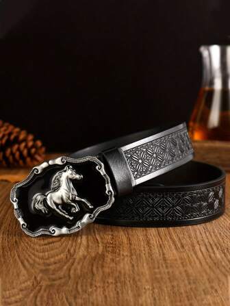 1 pieza Cinturón vintage estilo western para niña, cinturón cowgirl bohemio con decoración de caballo, ideal para vaqueros/pantalones, regalo de vuelta a clases, San Valentín, animal grabado en hebilla de PU, apto para todas las estaciones, Halloween