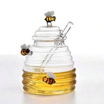 1pc 450ml Creative Bee Theme Glass Honey Pot With Stirrer, Borosilicate Heat-Resistant Storage Jar