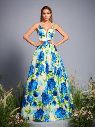 Mgiacy-Floral New Arrival V Neck Tank Romantic Bridesmaid Dress Printed Lace Up Crimping Satin A-Line Dress