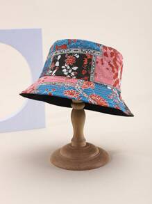 1pc Fashionable Floral Patchwork Contrast Color Elegant Versatile Sun Hat, Reversible Bucket Hat Design, Suitable For Outdoor Travel Men And Women