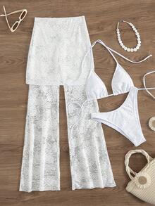 New Soft Solid Color Hollow Out Spaghetti Strap Open Back Tie Up Party Bikini Set, Summer Beach Fashion Coverup Long Pants Suit For Women - White - View 2